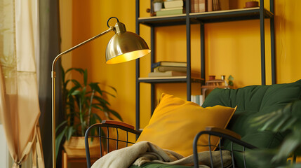 Modern room interior concept grey bookshelf gold lamp and frame close up green metal chair with pillow and blanket style brown and yellow decorative wall : Generative AI