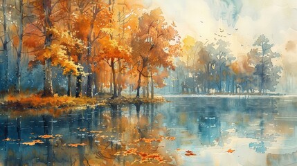 Soft watercolors capture a quiet grove of trees in autumn, leaves fluttering down, creating a reflective, meditative space