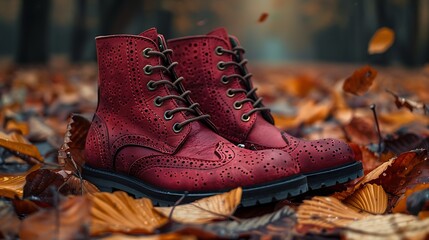 Embossed suede ankle boots, nestled amidst a pile of fallen leaves, whispering tales of autumnal romance and cozy evenings by the fire.