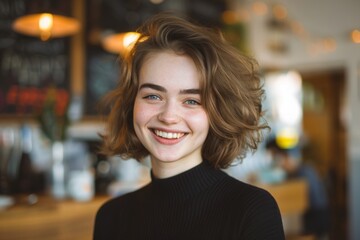 Smiling woman with short curly hair enjoying a moment in a cozy cafe. Bright, happy, and relaxed atmosphere.