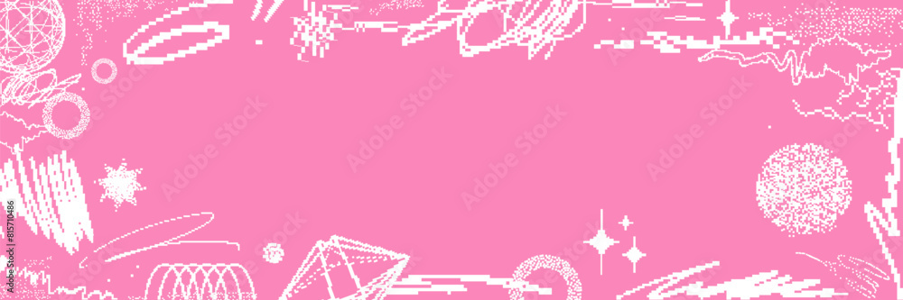 Poster pink banner with border frame with pixel shape graphic. abstract scribble and 8bit elements corner w