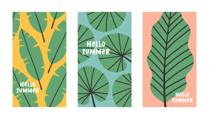 Hello summer poster set with tropical leaves in flat style. Art for poster, postcard, wall art, banner background