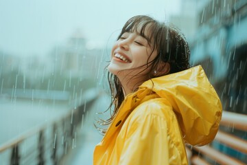 Young woman enjoys the rain, smiling happily in a yellow raincoat. Outdoor city scene capturing joy and freedom.