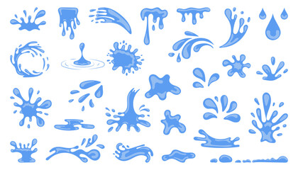 Water drops, sea and ocean waves big set. Blue Liquid elements, cry droplet icons collection of splashes and fluid. Vector illustration isolated on white background