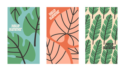 Hello summer poster set with tropical leaves in flat style. Art for poster, postcard, wall art, banner background