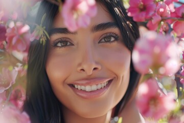 Portrait of a happy woman smiling in a garden with pink flowers blooming around her. Celebrating nature, beauty, and joy.