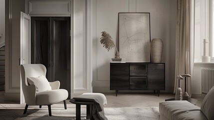 a modern living room featuring an elegant black wooden commode, complemented by white walls and a parquet floor, adorned with a minimalist poster map and personal accessories, minimalist home decor.