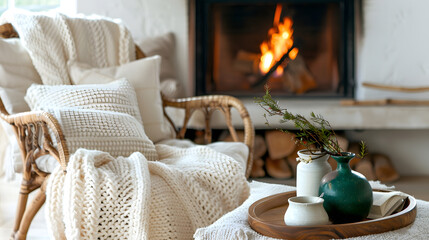 Hygge design of living room with white knitted blanket on wood chair and pillows on rattan armchair...