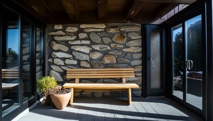 Natural Harmony: The Modern Farmhouse Entryway with a Wooden Bench and Stone Cladding Wall