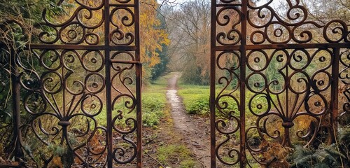 An antique wrought-iron gate leading to a secret garden, its intricate patterns partially covered...