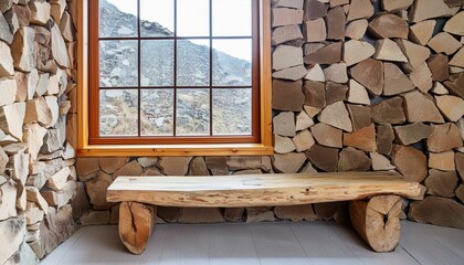 Natural Harmony: The Modern Farmhouse Entryway with a Wooden Bench and Stone Cladding Wall