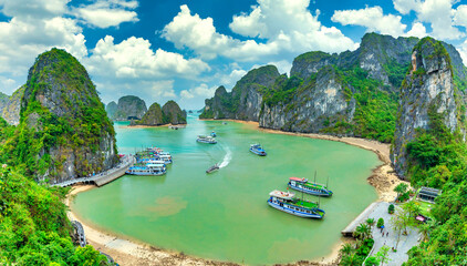 Dreamy sunset landscape Halong Bay, Vietnam view from adove. This is the UNESCO World Heritage...