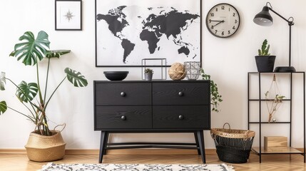 a modern living room featuring an elegant black wooden commode, complemented by white walls and a parquet floor, adorned with a minimalist poster map and personal accessories, minimalist home decor.