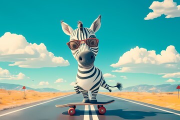 Obraz premium cute cartoon zebra skateboarding on the highway