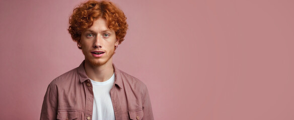 Portrait of a handsome 25 year old red curly haired guy with a surprised and dreamy look wearing a peach colored shirt and is isolated on a light pink background with space for text.