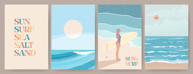 Summer sea beach landscape poster, cover, card set with sea view, waves, sunny beach, surfer girl with surfing board and typography. Summer holidays, vacation travel illustrations. Surf aesthetics