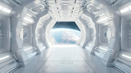 sci fi futuristic white space station interior, futuristic door in the center of frame with window looking out to planet earth outside