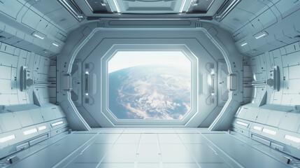 sci fi futuristic white space station interior, futuristic door in the center of frame with window looking out to planet earth outside