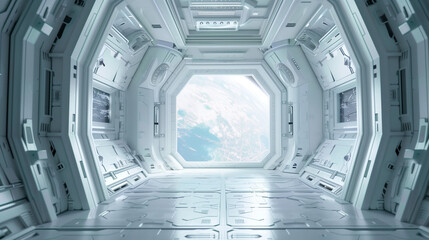 Obraz premium sci fi futuristic white space station interior, futuristic door in the center of frame with window looking out to planet earth outside