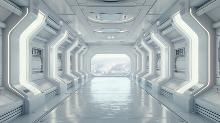 sci fi futuristic white space station interior, futuristic door in the center of frame with window looking out to planet earth outside