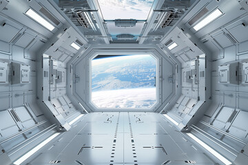 Fototapeta premium sci fi futuristic white space station interior, futuristic door in the center of frame with window looking out to planet earth outside