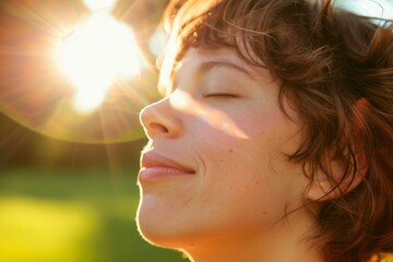 A serene close-up of a woman with eyes closed, basking in the warm sunlight, conveying relaxation and peace.