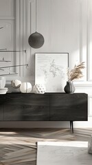 a modern living room featuring an elegant black wooden commode, complemented by white walls and a parquet floor, adorned with a minimalist poster map and personal accessories, minimalist home decor.