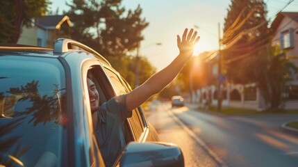 Heartwarming farewell scene on a sunny suburban street with a young man leaning out of his car window waving to his girlfriend, radiating joy and affection. Guy waving to a girlfriend