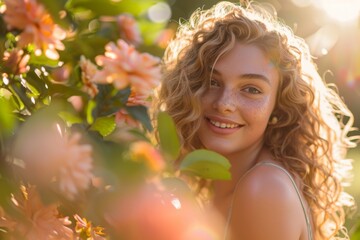 A young woman with curly hair smiling in a flower garden during golden hour, creating a warm, joyful ambiance.