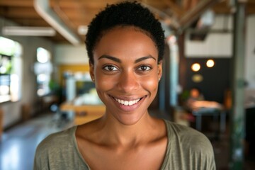 Portrait of a smiling woman in a modern office environment. She exudes confidence and positivity, creating a welcoming atmosphere.