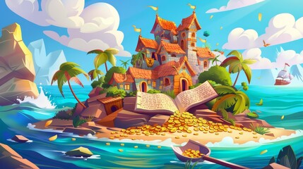 An adventure story kid fairy tale about the treasure hunt of a gold mine with a shovel fantasy modern illustration. A cartoon fairytale illustration of ocean exploration and island travel legends
