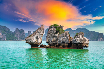 Dreamy sunset landscape Halong Bay, Vietnam view from adove. This is the UNESCO World Heritage...