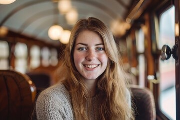 A young woman with a cheerful expression enjoying her journey in a beautifully lit, vintage train carriage.