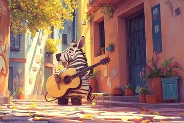 Obraz premium cartoon zebra playcartoon zebra playing guitaring guitar