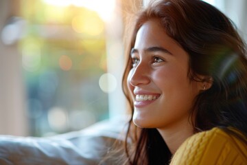 Obraz premium Close-up of a young woman with a bright smile and sunlight creating a bokeh effect in the background.