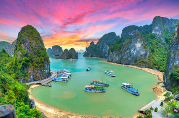 Dreamy sunset landscape Halong Bay, Vietnam view from adove. This is the UNESCO World Heritage...