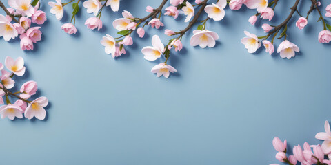 Pink cherry blossom branches on grey-blue background with copy space. Generated by AI