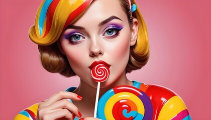 Illustrate a pop art girl with a lollipop adding upscaled_8