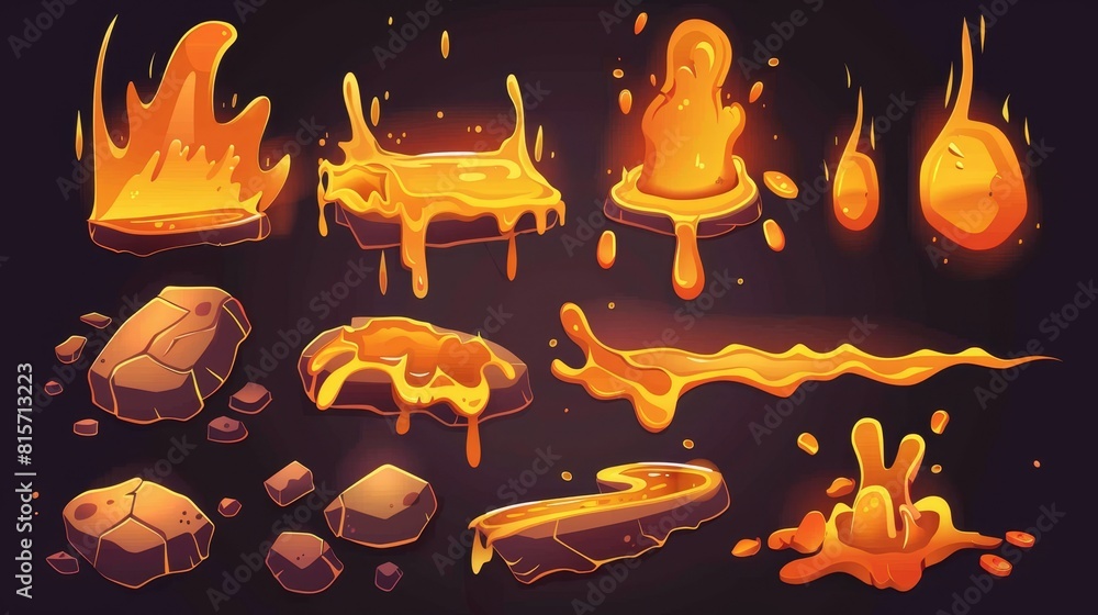 Poster ui png texture clipart of a 2d magic liquid volcano issuing lava puddles. animation of an orange mag