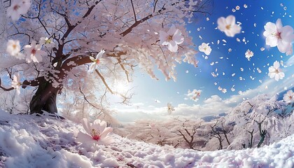 A large cherry blossom tree full of white flowers, cherry blossoms in the sky, 