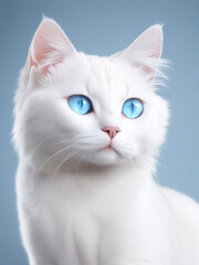 A White fluffy cat with bright blue eyes on a blue background, Generative AI