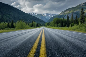 Empty road stretching towards snow-capped mountains under a cloudy sky - Powered by Adobe