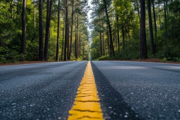 Low angle view of a straight road with vibrant yellow markings through a pine forest