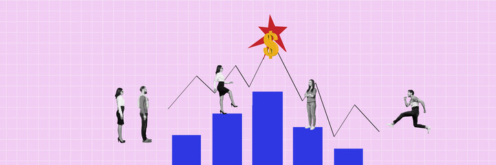 Fototapeta premium Creative trend collage of teamwork graph stairs achieve earning money trading team working billboard comics zine