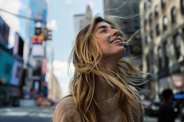A blonde woman in a sweater smiling joyfully with windblown hair, set against a bustling urban city street background.