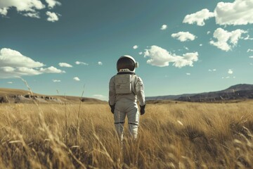 Solitary astronaut explores a vast field with golden tall grass under a clear sky