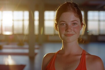 A young woman in a red top smiles warmly as the sun sets, casting a serene glow through the large windows of a spacious room.