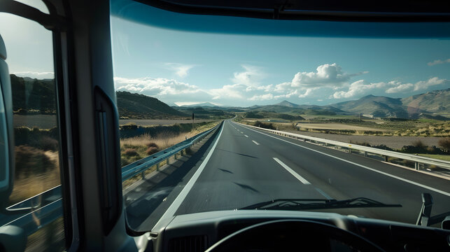 View of the road from the driving position of a truck of a landscape with clouds : Generative AI