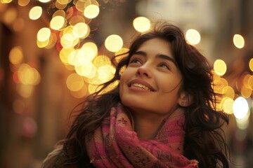 Close-up of a happy woman looking up with colorful bokeh lights in the background, creating a warm festive atmosphere at night.