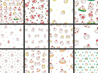 Cute kawaii chicken. Seamless pattern. Cartoon farm birds characters. Funny domestic animals. Hand drawn style. Vector drawing. Collection of design ornaments.